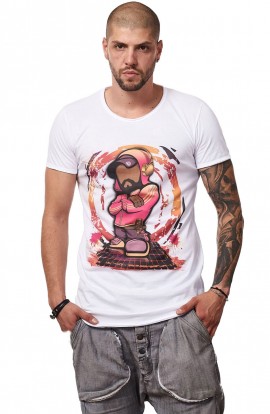 Tricou Alb Barbati - Imprimeu Dj Mc Pink - Design Unic Si Original Moss