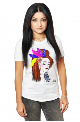 Tricou Alb Dama Red Hair Girl With Feathers