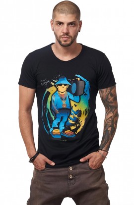 Tricou Negru Barbati - Imprimeu Street Rapper Blue - Design Unic Si Original Moss