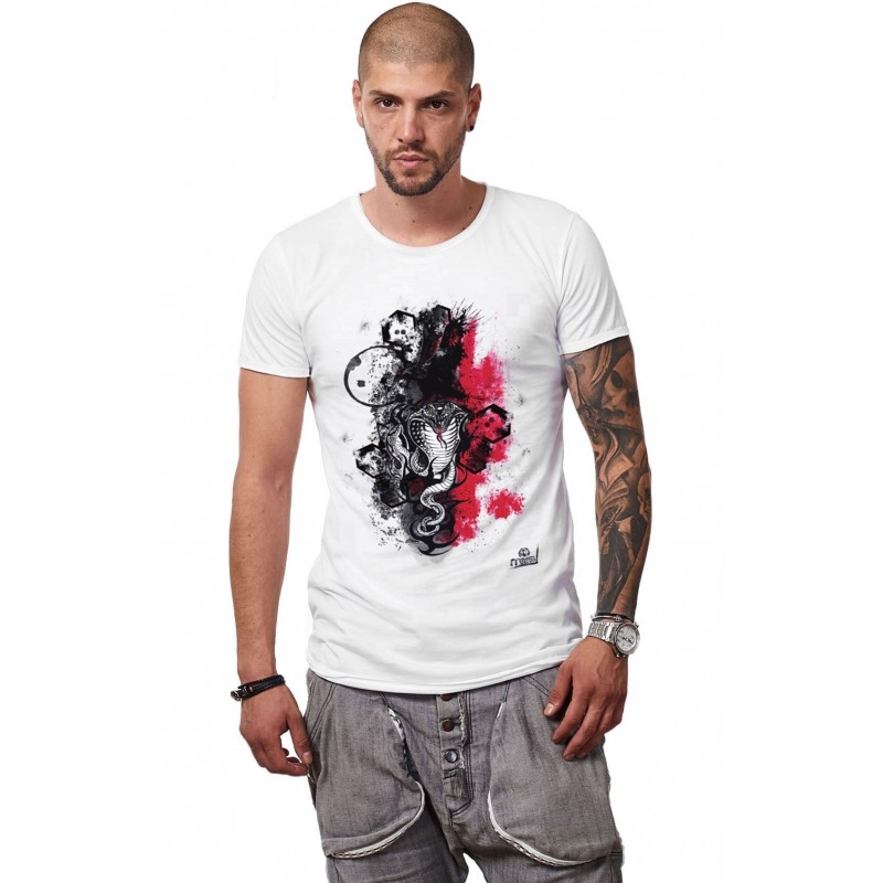 Tricou Alb Barbati - Imprimeu Black Cobra - Design Unic Si Original Moss
