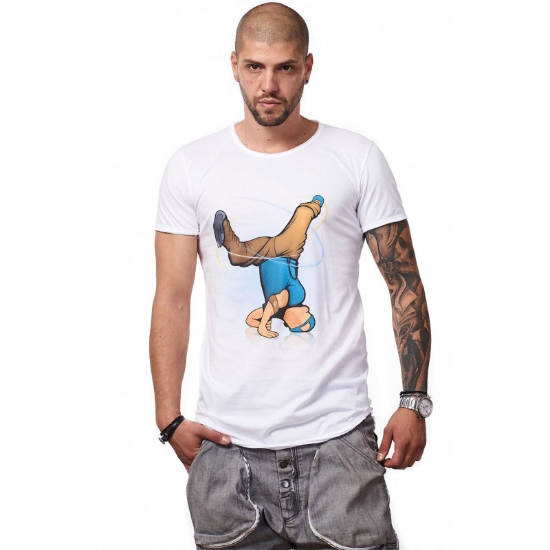 Tricou Alb Barbati - Imprimeu Breakdancer Blue - Design Unic Si Original Moss