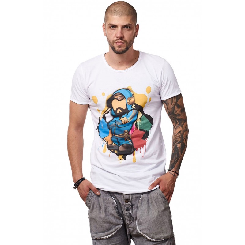 Tricou Alb Barbati - Imprimeu Dj Mc Blue - Design Unic Si Original Moss