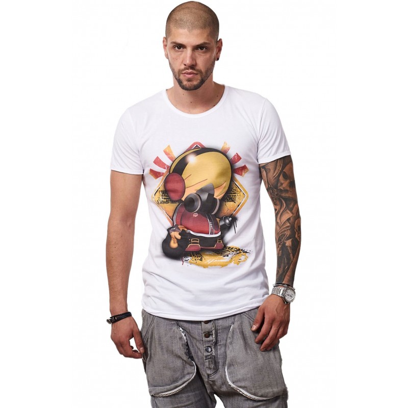 Tricou Alb Barbati - Imprimeu Dj Tiny Red - Design Unic Si Original Moss