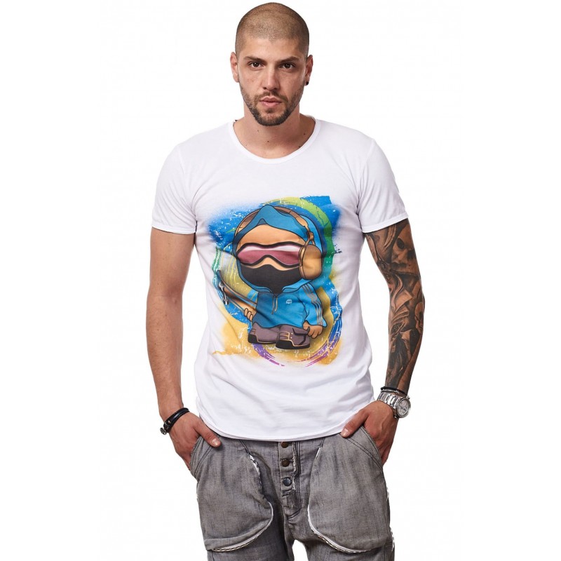 Tricou Alb Barbati - Imprimeu Skater Boy Blue - Design Unic Si Original Moss
