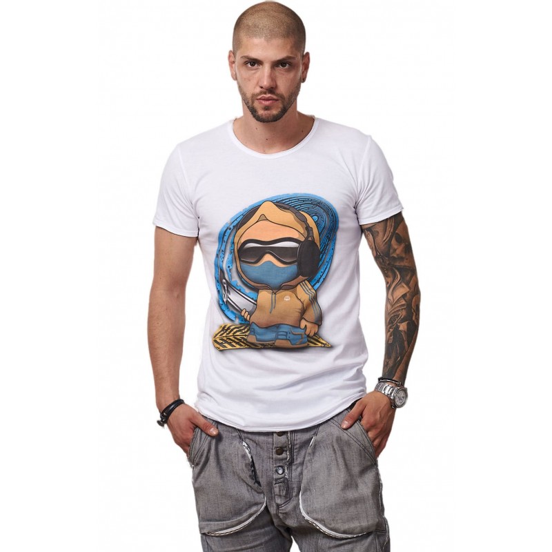Tricou Alb Barbati - Imprimeu Skater Boy Brown - Design Unic Si Original Moss
