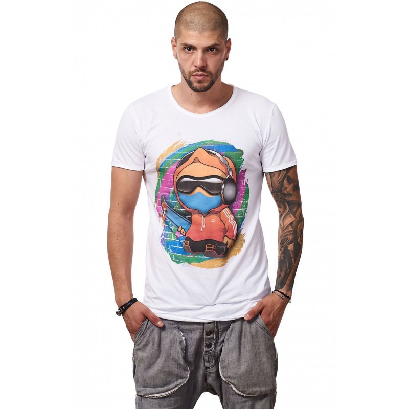 Tricou Alb Barbati - Imprimeu Skater Boy Orange- Design Unic Si Original Mos