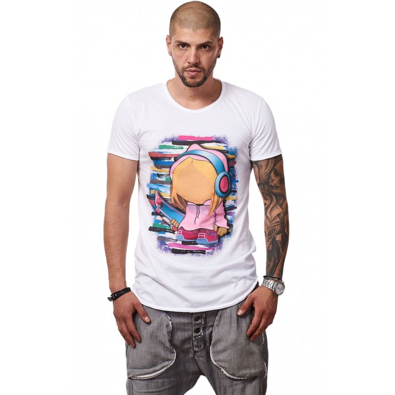Tricou Alb Barbati - Imprimeu Skater Girl Pink - Design Unic Si Original Moss