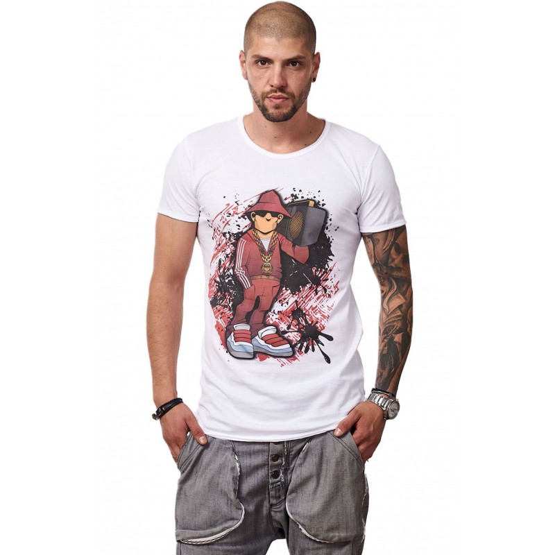 Tricou Alb Barbati - Imprimeu Street Rapper Red - Design Unic Si Original Moss 