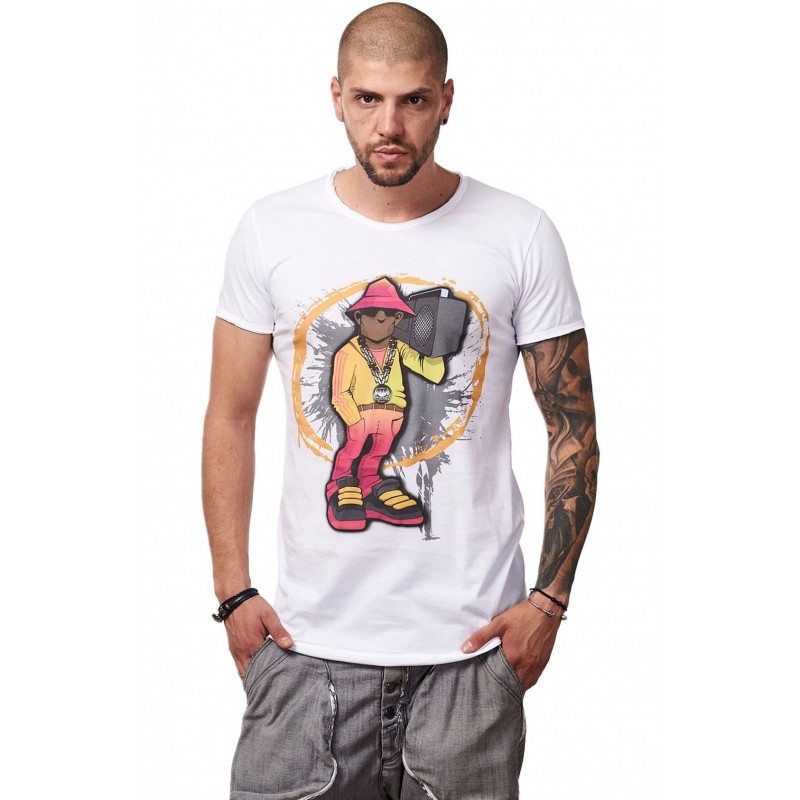 Tricou Alb Barbati - Imprimeu Street Rapper Yellow - Design Unic Si Original Moss
