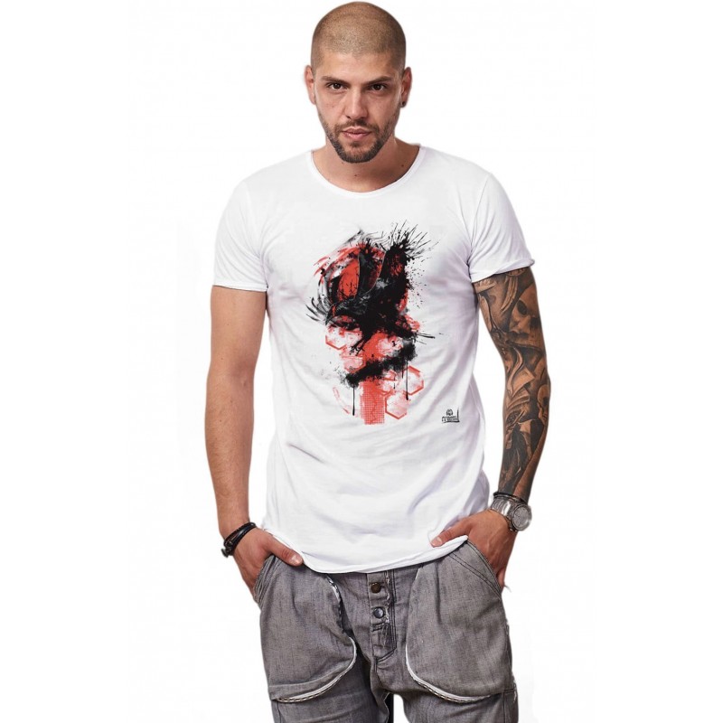 Tricou Alb Barbati - Imprimeu The Crow's Attack - Design Unic Si Original Moss