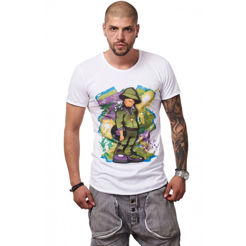 Tricou Alb Barbati - Imprimeu Vinyl Guy Green - Design Unic Si Original Moss