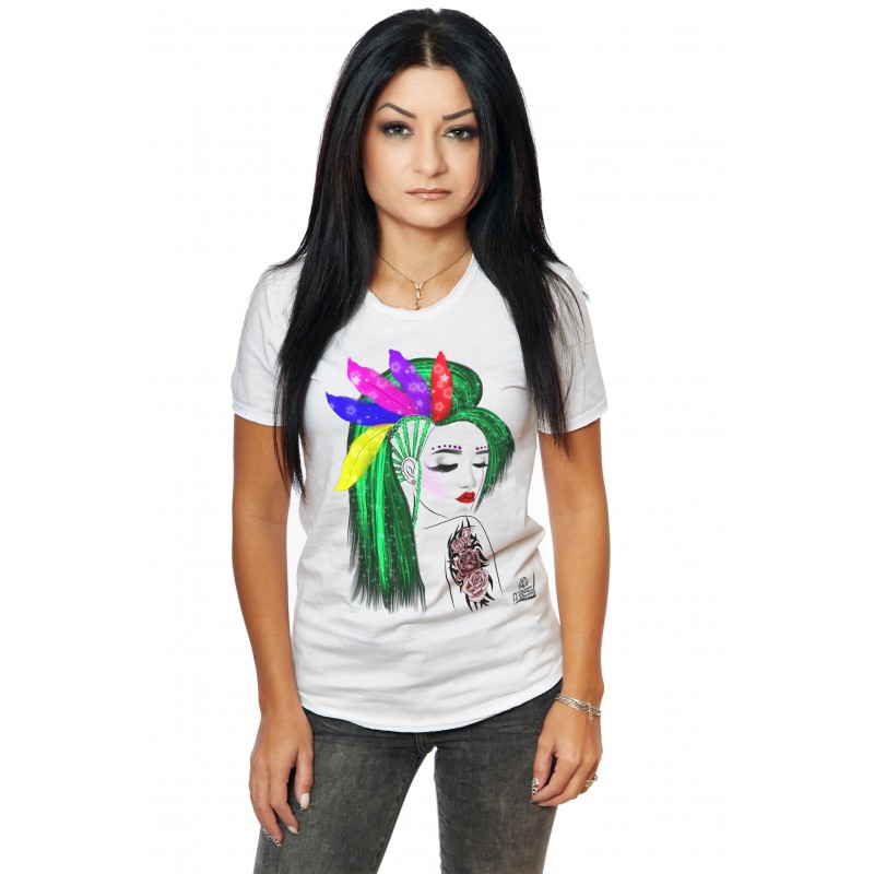 Tricou Alb Dama Green Hair Girl With Feathers