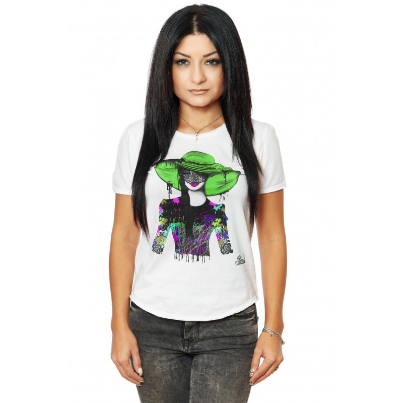 Tricou Alb Dama Lady With The Green Hat