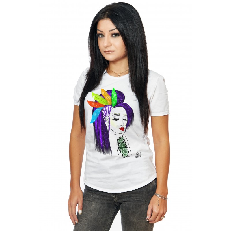 Tricou Alb Dama Purple Hair Girl With Feathers 