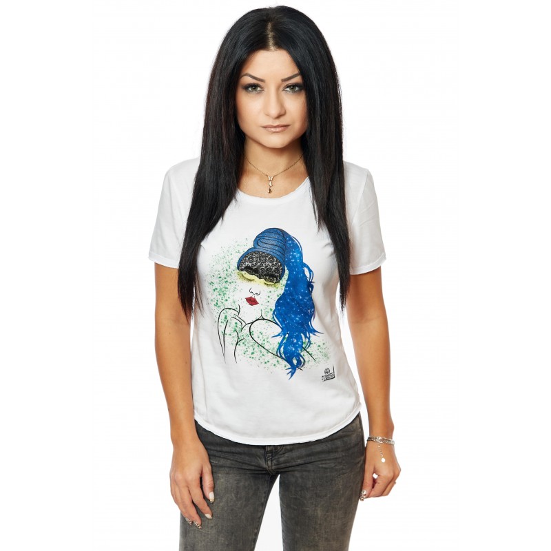 Tricou Alb Dama Sleepy Girl Blue Hair