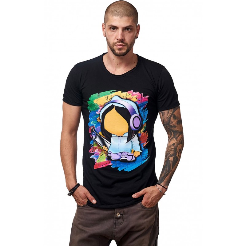 Tricou Negru Barbati - Imprimeu Skater Girl Light Blue - Design Unic Si Original Moss
