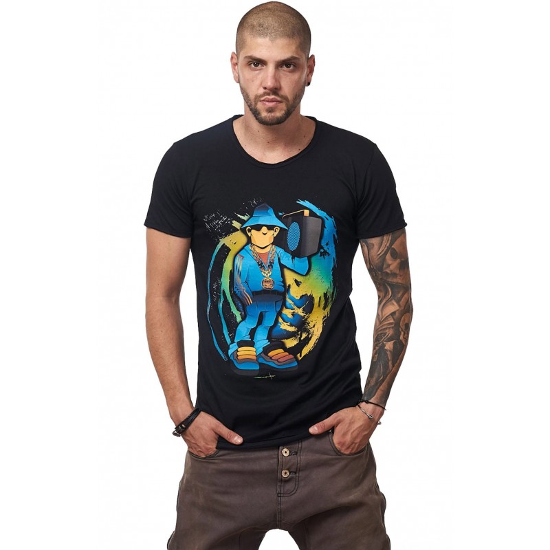 Tricou Negru Barbati - Imprimeu Street Rapper Blue - Design Unic Si Original Moss