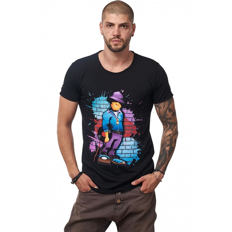 Tricou Negru Barbati - Imprimeu Vinyl Guy Blue - Design Unic Si Original Moss