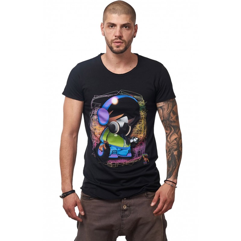 Tricou Negru MOSS - Imprimeu Dj Tiny Neon - #vreausaajut