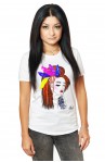 Tricou Alb Dama Red Hair Girl With Feathers